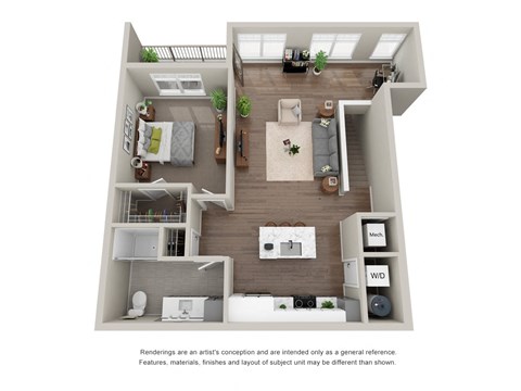 Floor plan for 1 bed, 1 bath, 955 sqft